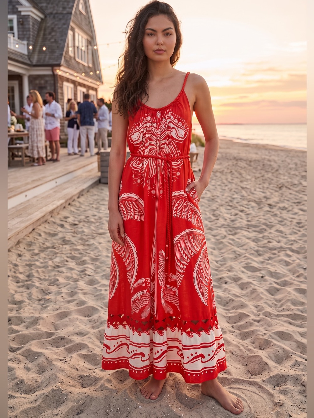 NWT FARM Rio Red Majestic Coconut Tree Lenzing Euroflax Maxi Dress w/Pockets